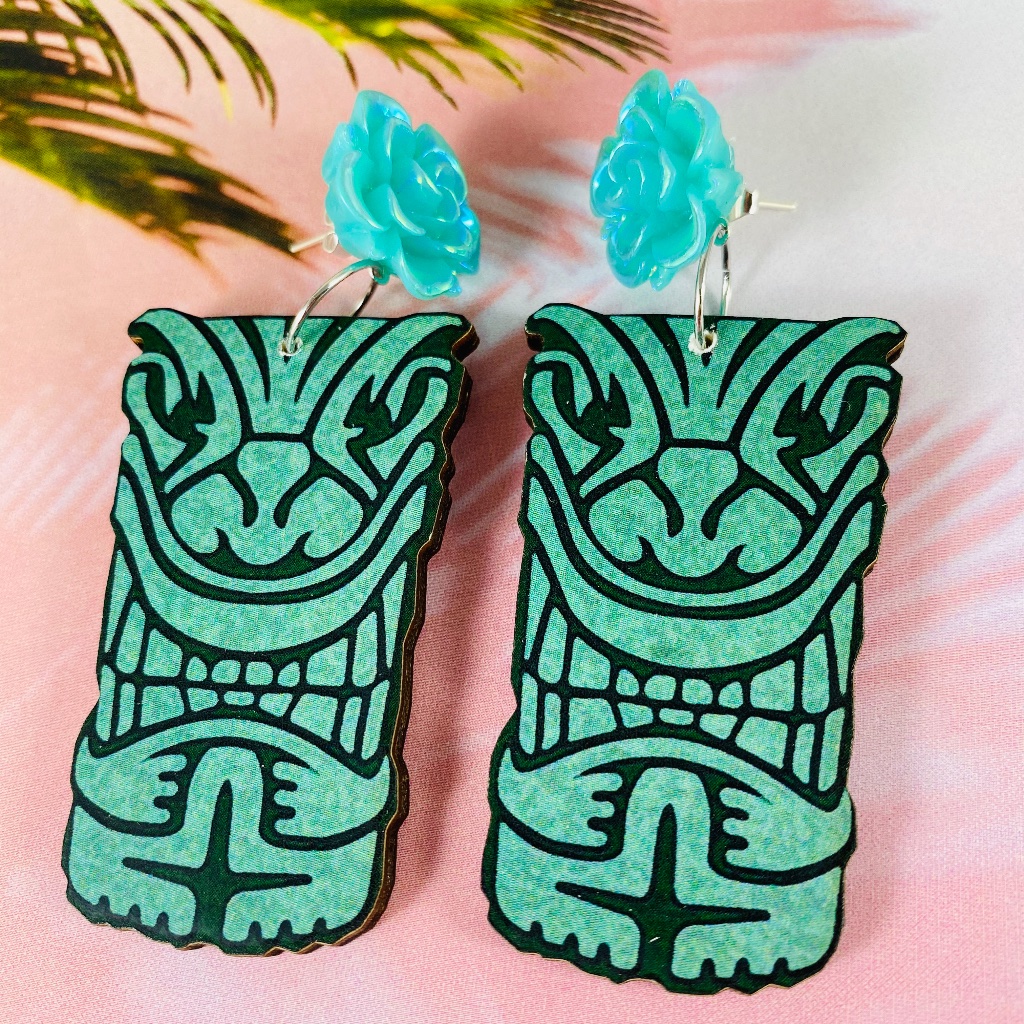 Aqua Retro Tiki Image Earrings Pinup Luau Ooak